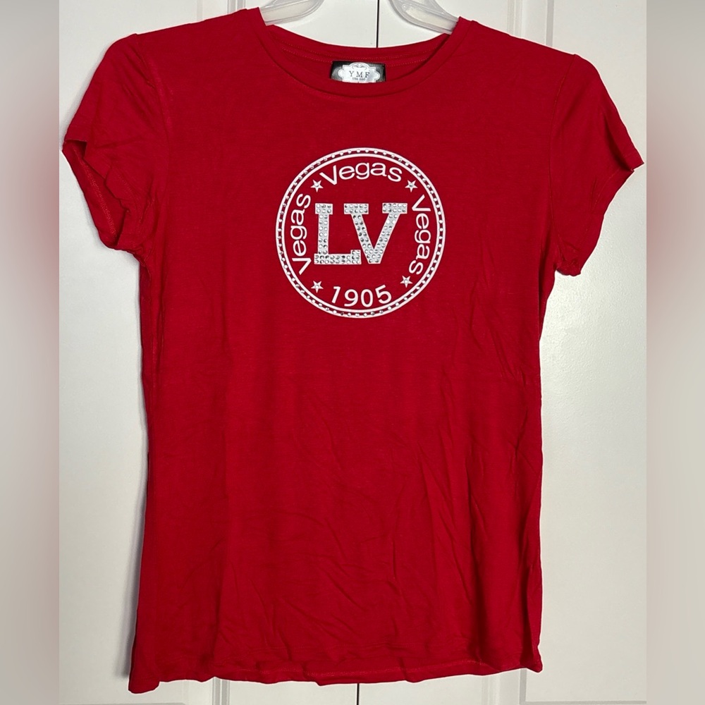 NWOT Red Rayon Las Vegas Graphic Bling Rhinestone Tee